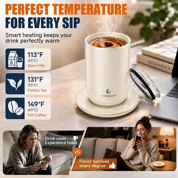 Self Heated Stirring Coffee Mug, 10oz Auto Mixing Cup with Warmer, White | 3 temp settings, food-grade stainless steel interior, 8-hour auto shut-off, plug-in desk mug with Warmer for office home