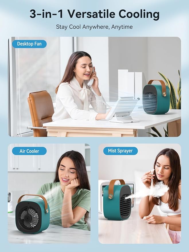 Portable Air Conditioner -5200mAh Rechargeable Mini Air Conditioner with 3 Speed Settings, 5-10 Hours Runtime,Quiet Desk Cooling Fan, Personal Air Cooler for Home, Bedroom, Travel, Office, Outdoor