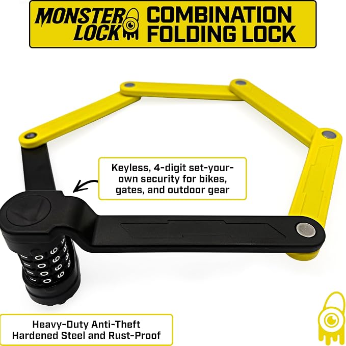 Monster Folding Bike Lock – Heavy-Duty Anti-Theft Hardened Steel, Rust-Proof, Foldable Compact High-Security Lock for Bicycle, Scooter & Motorcycle (Yellow Combo)