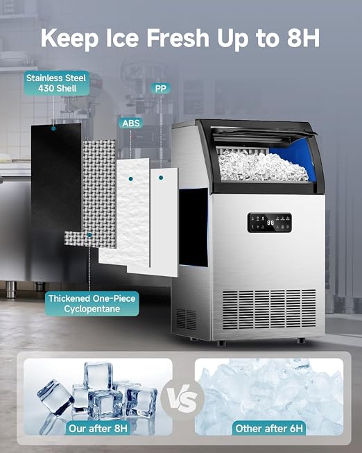 EUHOMY Commercial Ice Maker,120lbs/24H,Stainless Steel Under Counter Ice Machine with Water Filter,33lbs Storage Capacity, 45 Cubes in 8-12 Mins, Freestanding Ice Machine for Home/Bar/Cafe/Restaurant