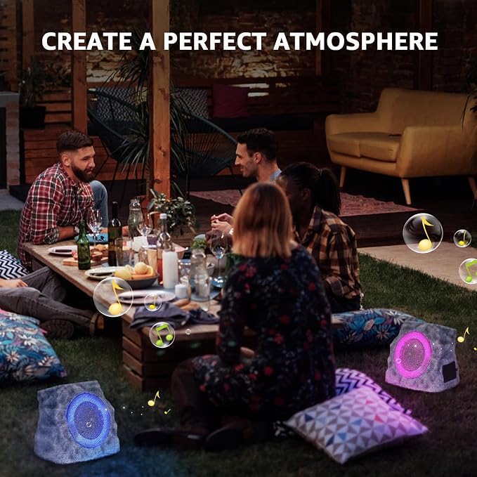 2-Pack Solar Powered Rock Speakers Outdoor Water-Resistant with 3 Mode Lights and Pair Function USB Rechargeable for Patio Garden Party Pool Outside(Two)