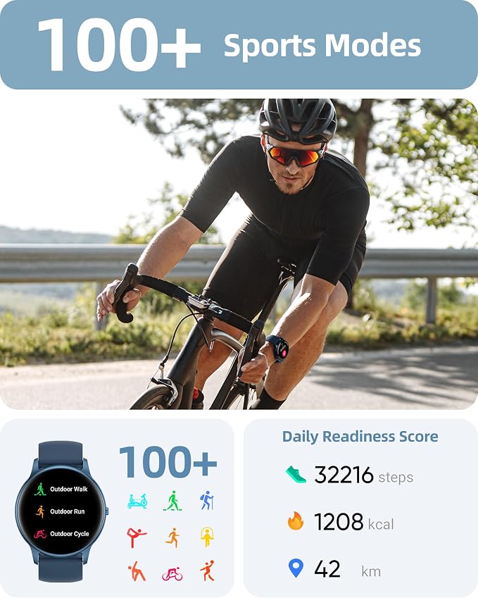 Parsonver Smart Watch for Women Men (Answer/Make Calls) Compatible with iPhone/Android Phones, Fitness Tracker with 100+ Sports Modes IP68 Waterproof, Heart Rate/Blood Oxygen/Sleep/Steps Monitor, Blue