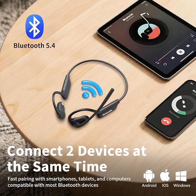 Open Ear Headphones with Mic, Wireless Headset with AI Noise Cancellation Microphone Bluetooth 5.4 Bluetooth Headset with Mic Air Conduction Headphones for Work Call Meeting Driving