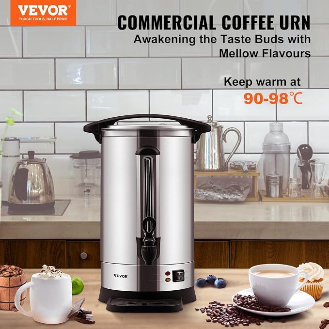 VEVOR Commercial Coffee Urn, 65Cups/9.75L Stainless Steel Large Coffee Dispenser, 1500W 110V Electric Coffee Maker Urn For Quick Brewing, Hot Water Urn with Water Gauge for Easy Viewing