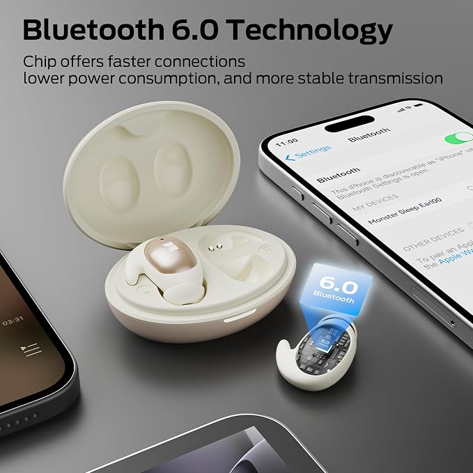 Monster Sleep Ear100 Ear Buds, Sleep Earbuds with Stereo Sound, Design for Side Sleepoth 6.0, ENC Noise Cancelling, IPX6 Waterproof Mini Headphones,White