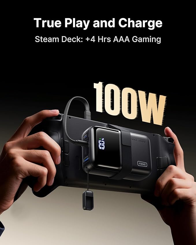 INIU 100W Fast Charging Power Bank, Smallest 25000mAh High Capacity Laptop Portable Charger, 3-Port Battery Phone Pack with Detachable USB C Cable for Travel, Families, Outdoor, Hiking, Metallic Black