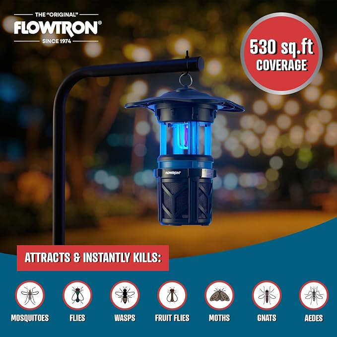Flowtron Indoor Outdoor Bug Trap Zapper | Electric Insect Killer with UV Light & Fan | 800 Volt Stun Grid & 530 Sq Ft Coverage | Silent Mosquito, Fly, Gnat, Insect Trap for Patio, Yard, Home, Garage