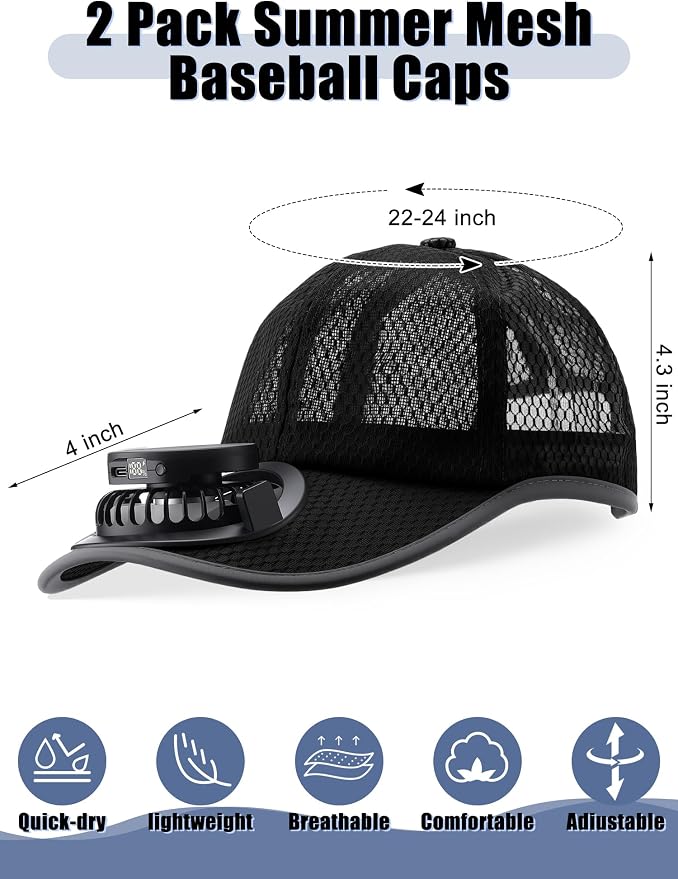 Yaomiao 2 Pcs Solar Baseball Cap with Fan Unisex Sun Protection USB Charging Fan Mesh Hat for Summer Outdoor