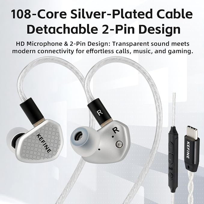 Klean SV Hi-Fi in Ear Monitor, Wired Gaming Earbuds, 10mm DLC Diaphragm Dynamic Driver, Wired Earphones, Interchangeable Tuning Nozzles, HiFi IEM for Audiophile, Musician&Gaming(USB-C with Mic)