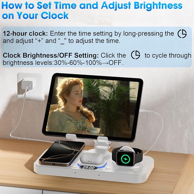 6 in 1 Wireless Charger for Apple Device, 30W Foldable Wired Charging for ipad with Clock & 7 Color Ambient Light, Nightstand Charger Station for iPhone 17