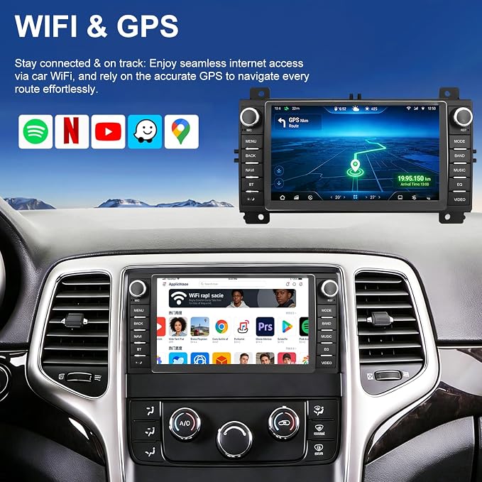 Car Radio for Jeep Grand Cherokee 2011 2012 2013, Dodge Durango 2011 2012 2013, 7 Inch Touch Screen Headunit Stereo Upgrade with Wireless Carplay Android Auto 5GWiFi Backup Camera Bluetooth GPS FM SWC