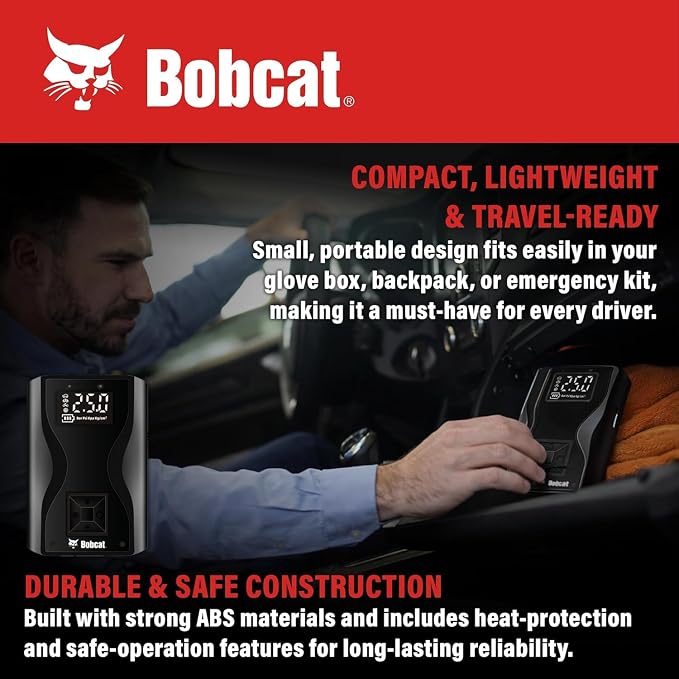 Bobcat Tire Inflator Portable Air Compressor 4000 mAh – 150 PSI - Fast Inflation Cordless Air Pump for Car Tires with Digital Pressure Gauge – Portable Air Pump for Car, Motorcycles, Bikes & Balls