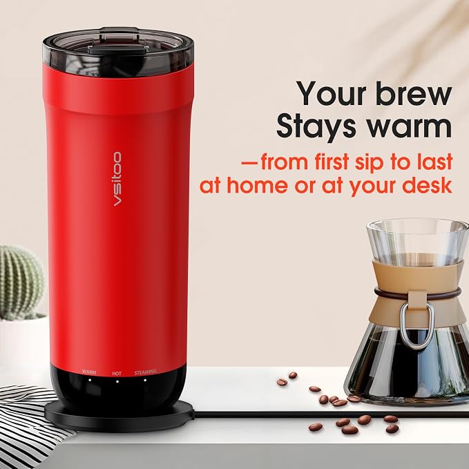 Vsitoo S5 Self Heating Travel Mug 16oz, Rechargeable Coffee Mug with Car Charger Kit, AI Auto-Sensing Temp Control Heated Cup for Home Office Car, App Control, Gift Women Men - Red