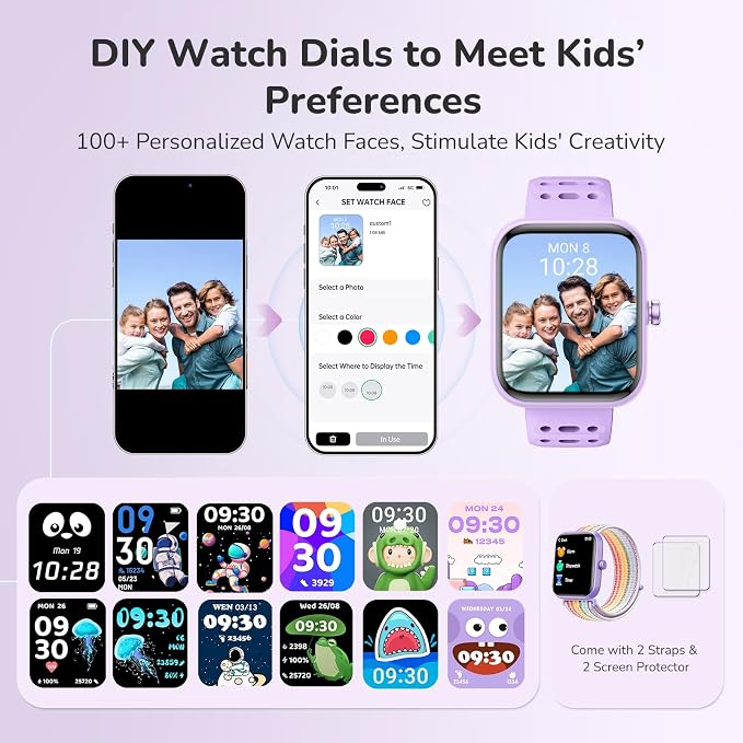 Kids Smart Watch for Girls Boys, Smart Watch for Kids with Health Monitor, Activities Track & Pedometer, Long-lasting Kid's Watches with Reminders & Puzzle Games, Gifts for Children-Purple(2 Bands)