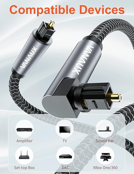 VANAUX 90 Degree Optical Cable, SPDIF Audio Optical Cord, 360 Degree Rotatable L Shaped Right Angle Digital Toslink Male to Male Cable for Sound Bar, TV, Game Consoles(2m/6ft)
