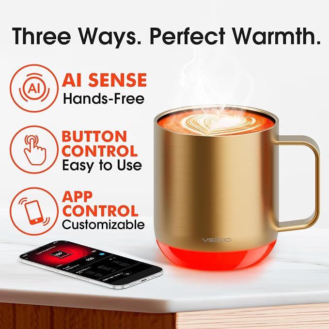 Vsitoo S6 Plus 12oz Smart Self Heating Coffee Mug, AI Auto-Sensing Heated Espresso Mug Temp Control 120-150℉, Rechargeable Mug Warmer with Music LED, IPX7 Gift for Women Men- Gold