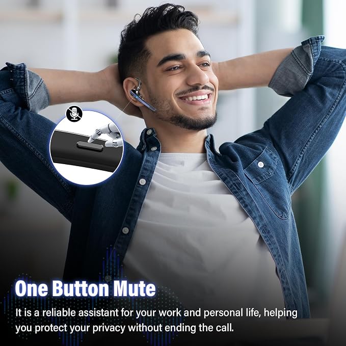 2026 Bluetooth Headset, Wireless Bluetooth 5.3 Earpiece, 90Hrs Single-Ear Headset with APTX HD Audio & Mute Button, Dual Noise Cancelling Mics, Hands Free Headphone for Trucker, Business, Gym, Blue