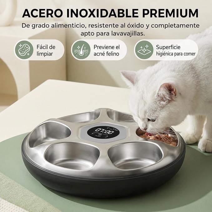 Ownpets 6 Meals Automatic Cat Feeder for Wet/Dry Food, with 2 Ice Packs, Programmable Timed Pet Feeder, Cordless Rechargeable Battery Auto Feeder for Cats/Small Dogs (Black)