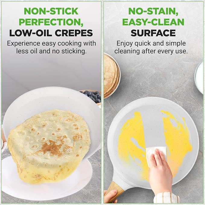 NutriChef 2-Pack Non-Stick Crepe Pan Set, 9.4" Marble Coated Dosa Pans with Wooden Spreaders, Bakelite and Wood Handles, Induction-Compatible, Dishwasher Safe, Even Heat Distribution, White Cream