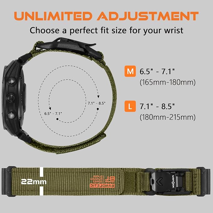 Bandletic Compatible with Garmin Instinct Watch Bands - 22mm Quick Fit Rugged Strap with Magnetic Fidlock V-Buckle for Fenix 8 47mm/7 6 Pro/5/5 Plus/Forerunner 965/945/Approach S62/S60/Quatix 7