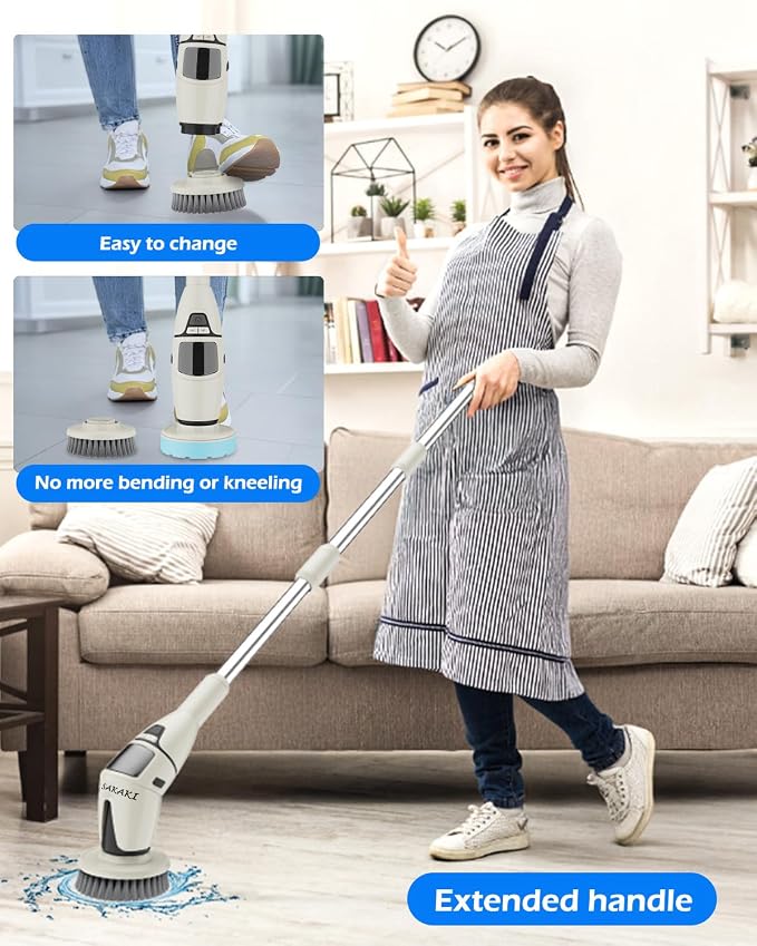 Electric Spin Scrubber Cordless Shower Cleaning Brush with 10 Replaceable Heads Powerful IPX7 Waterproof Bathroom Cleaner 3 Speeds Detachable Long Handle Voice Broadcast for Floor Car Kitchen