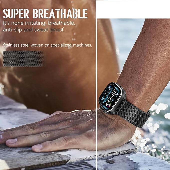 FULLIFE Milanese Mesh Loop for Apple Watch Band Apple Watch Ultra 3/2/1 Band 49mm 46mm 45mm 44mm Men Women, Stainless Steel Metal Band Parachute-style Buckle for iWatch Series 11 10 9 8 7 6 SE3 5 4 3