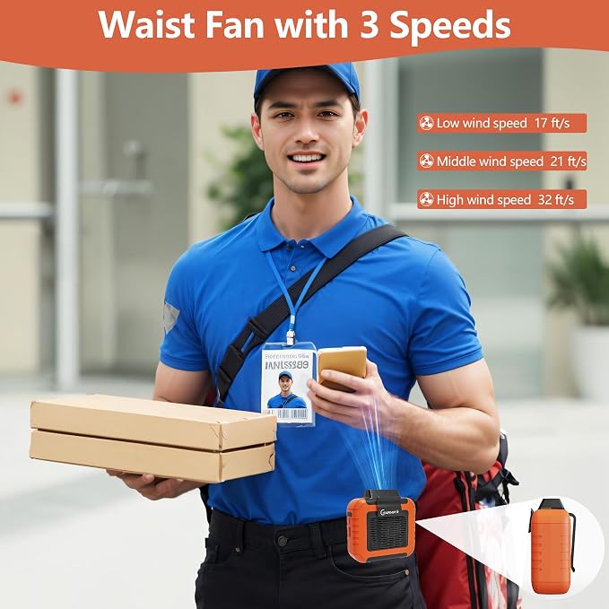 Portable Waist Fan - 6000mAh Battery, 3 Speeds, Strong Airflow, Up to 16 Hours Working Time, Portable Hands-Free Cooling Belt Clip Fan for Construction Workers, Couriers, and Campers