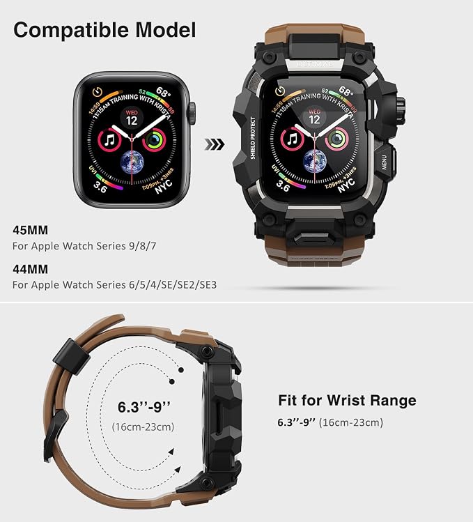ULTIMAL Rugged Case with Band for Apple Watch 44mm,Compatible with Apple Watch Series SE 3/SE 2/SE Generation/6/5/4, Military Grade Shockproof Bumper Cover for iWatch Tactical Band Men (Coffee Brown, 44mm)
