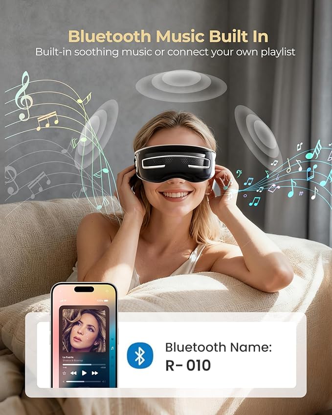 Eye Massager with Heat and Cooling, Integrated Smart Sleep Mask with Nose Rest and Soft Silicone Massage Head, 4 Massage Modes for Migraines, Dry Eye, Dark Circles,Bluetooth Music, Gift for Mother