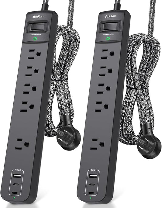 2 Pack Long Surge Protector Power Strip - 25ft Extension Cord with 5 Widely 3 USB (2 USB-C) Ports, Flat Plug, Desktop Charging Station for Home Office College Dorm Room Essentials