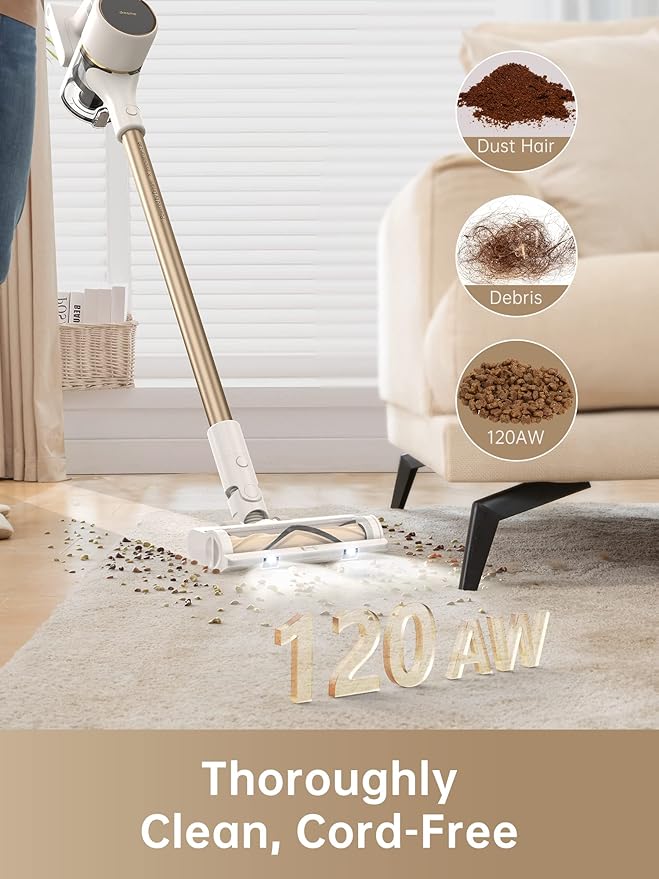 DREAME R10 Cordless Stick Vacuum Cleaner for Home, Powerful 120AW Suction with Anti-Tangle Brush, LED Headlights, Five-Layer Filtration, Up to 60 Mins, Handheld Vacuum Deep Clean Hair, Hard Floor
