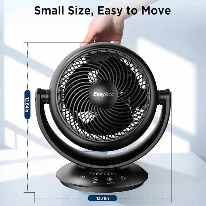 EasyAcc 12 Inch Quiet Fans for Bedroom, Air Circulator Desk Fan with Remote, 3D Auto Oscillating Table Fan for Whole Room, 65ft Powerful Airflow, 90° Vertical+90°, 12H Timer, 25dB Bedside Fan, Home