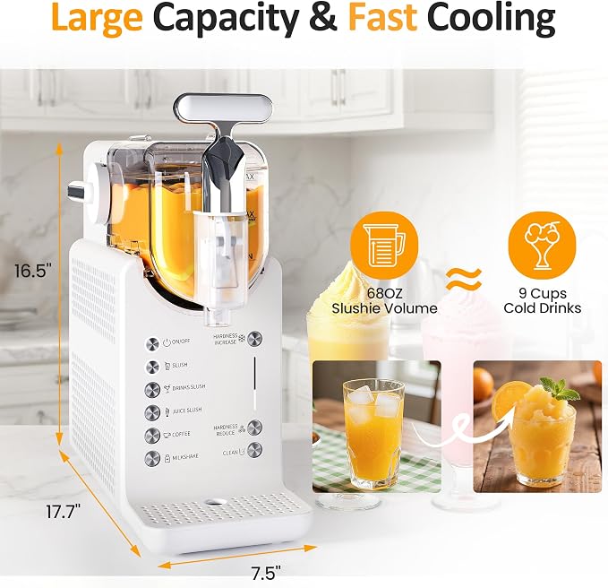Slushie Machine for Home: 68oz Single-Tank Frozen Drink Maker with Rapid Chill Technology, Self-Cleaning System & 5 Drink Modes, Keep Drinks Cold up to 12 Hours, ETL Certified, White