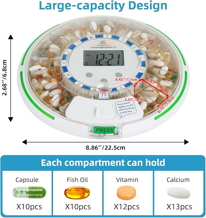 Automatic Pill Dispenser with Safety Lock, Flashing Light, Sound, Alarm, 28-Day Electronic Medication Dispenser for Vitamins and Tablets Up 6 Times/Day, Easy Read Display, Clear Lid