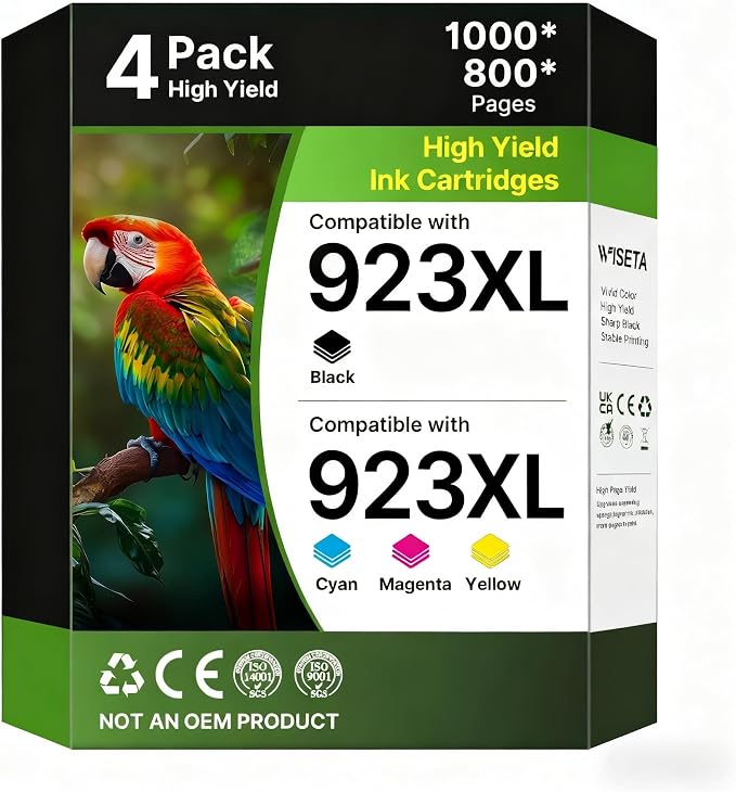 923XL 923 Ink Cartridges Combo Pack: Replacement for HP 923 Black, Cyan, Magenta, Yellow Ink Cartridges (4-Pack) | Works with HP OfficeJet Pro 8130e, 8135e, 8138e, 8139e, 8125e, 8122e, 8120, 8124e