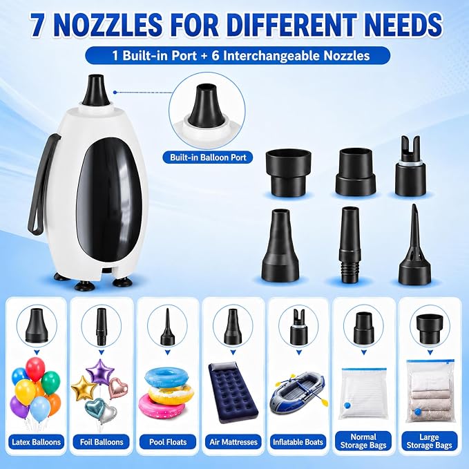 Balloon Pump Electric, Portable Balloon Inflator Air Pump Balloons Blower Machine with 6 Different Nozzles for Party Balloons Decorations Inflator Deflator for Inflatables Pool Floats Air Beds
