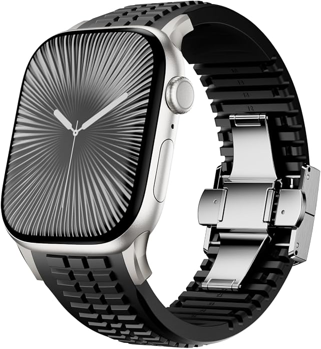 Silicone Watch Band Compatible with iWatch Ultra 2 / Ultra/Series 10 9 8 7 (44mm 45mm 46mm 49mm), Sport bands with Folding buckle, Rugged Heavy Duty Modern Design for Men