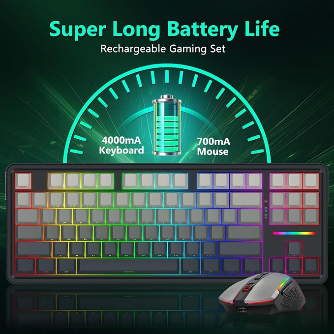 Redragon Wireless Mechanical Keyboard and Mouse Combo, Bluetooth/2.4Ghz/USB-C Wired, RGB Backlit, TKL Creamy Gaming Keyboard with Hot Swappable Linear Switches + 12800 DPI Gamer Mouse