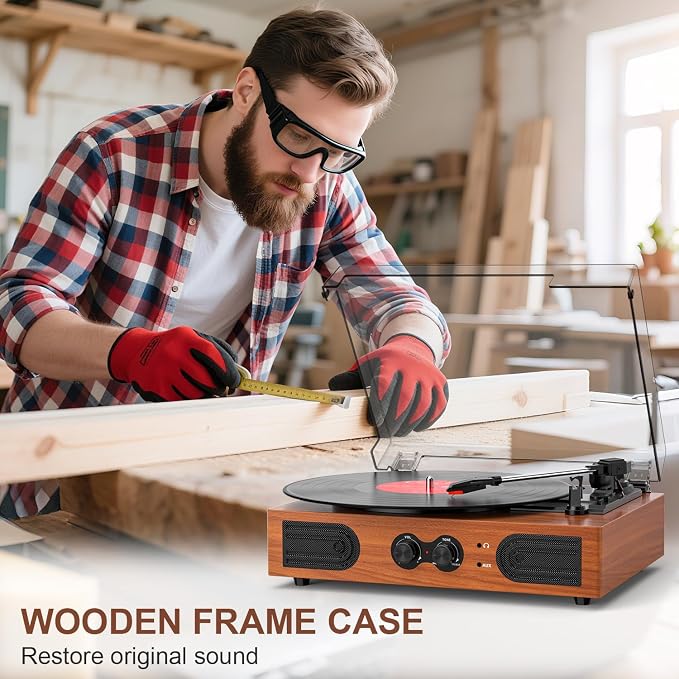 Vinyl Record Player with Built-in Stereo Speakers, 3-Speed Belt-Drive Turntable, Treble & Bass Control, RCA-Out/AUX-in, Headphone Jack Vintage LP Player, Red Wood