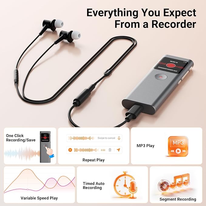 AI Digital Voice Recorder with Transcribe & Summarize, AI Note Taker for Meeting & Lectures, Voice Activated Recorder with Playback, Supports 90+ Languages Recording Device