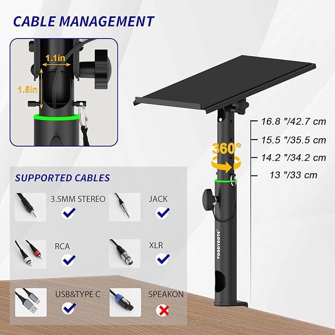 Vondynote Pair of Studio Monitor Stands Desk Clamp Speaker Stands 0-12°Tilt Height Adjustable with Cable Management