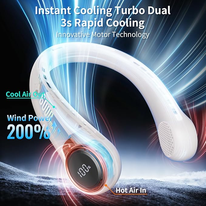 BNBZ Portable Neck Fan, 6000mAh Rechargeable Fan Blows Cold Air with LED Display, 4 Speeds, 20H Runtime, Quiet Wearable 360° Personal Cooling Fan for Outdoor Travel Work Gym,Fireplace Fans-White