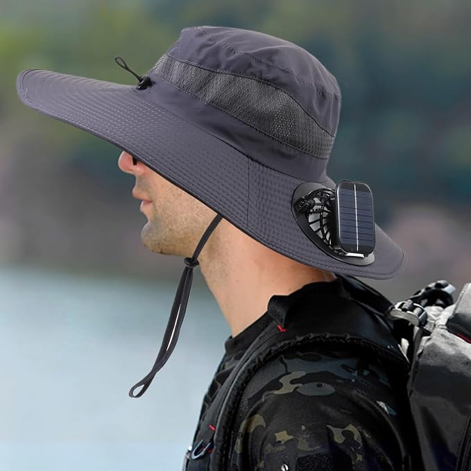 Outdoor Solar Powered Fan Hat for Men Women Breathable Wide Brim Hat with 2 Fans UPF 50+ Fishing Hat Beach Bucket Sun Hat
