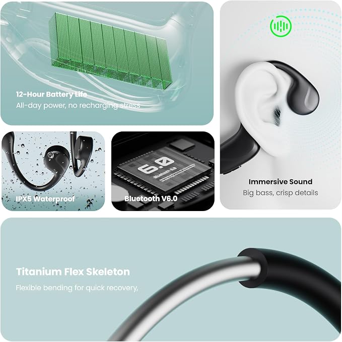 Bone Conduction Headphones,Bluetooth V6.0 Bone Conduction Earbuds with Mic,Open Ear Headphones 12Hrs Playtime,Wireless IPX5 Waterproof Sport Headphone for Running,Walking,Cycling,Gym