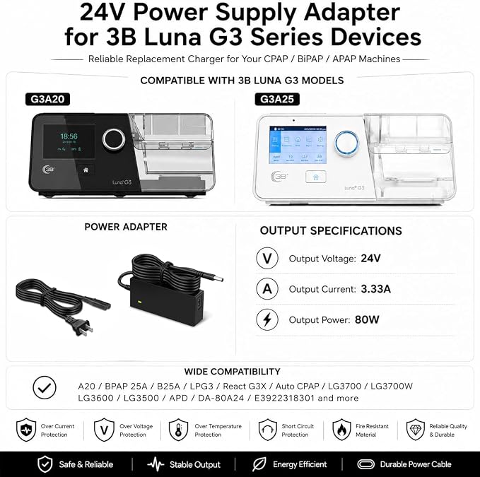 24V Power Supply Adapter for 3B Luna G3 APAP CPAP BiPAP Machine A20 BPAP 25A B25A LPG3 React G3X Auto CPAP LG3700 LG3700W LG3600 LG3500 APD DA-80A24 E3922318301 BiLevel Replacement Cord Charger
