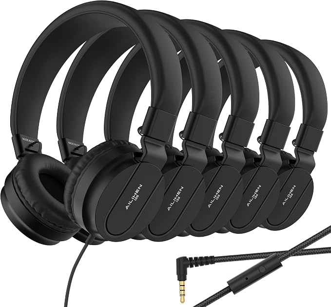 Classroom Headphones Bulk 10 Pack - Kids Headphones for School K-12 Student, 93dB Volume Limited On-Ear Wired Headset with Microphone, Durable 3.5mm Jack for Class Set Library Computer (Black)