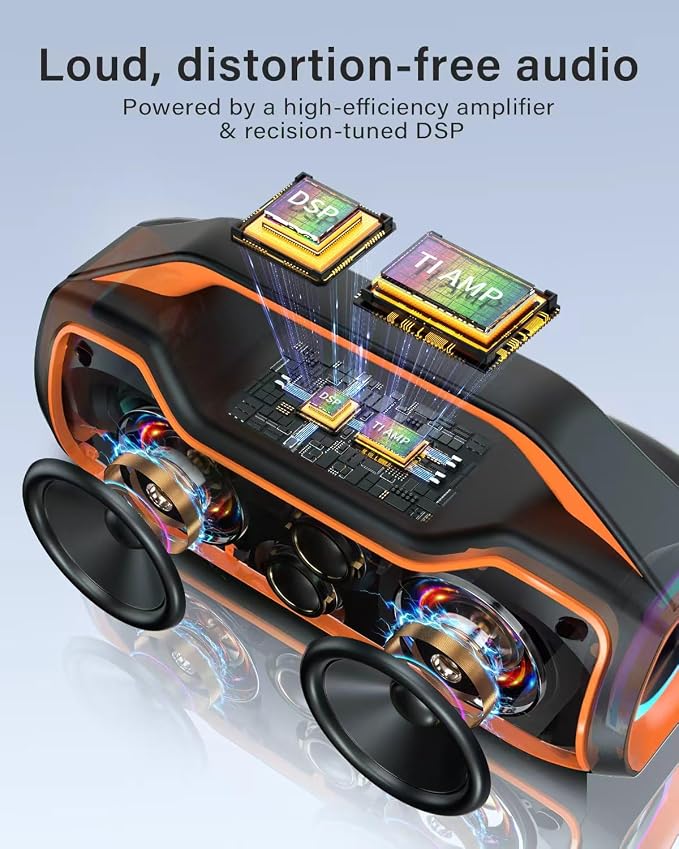 Portable Bluetooth Speaker Bass Boost, 120W Peak Loud Powerful Speakers Wireless w/2*Bass and 2*tweeters, 20H Playtime,IPX6 Waterproof, BT5.4, Suitable for Party, Beach, Camping,Outdoor,Large Jobsite