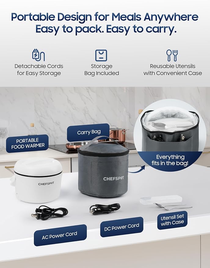 Electric Lunch Box, 37oz Portable Food Warmer with 12V/24V Car & 120V Home Plugs, Spill-Proof, BPA-Free, Dishwasher-Safe, No Microwave Needed, with Utensil Set & Carry Bag (Arctic White)