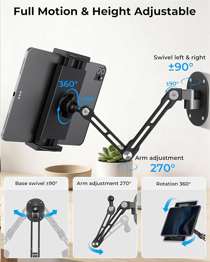 iPad Wall Mount Holder, Heavy Duty Aluminum Tablet Wall Mount, Full Motion Tilt & Swivel Base, Adjustable Foldable for Kitchen, Gym, Fits iPad Pro Air Mini, Galaxy Tab, 4.7-13" Phones & Tablets, Black