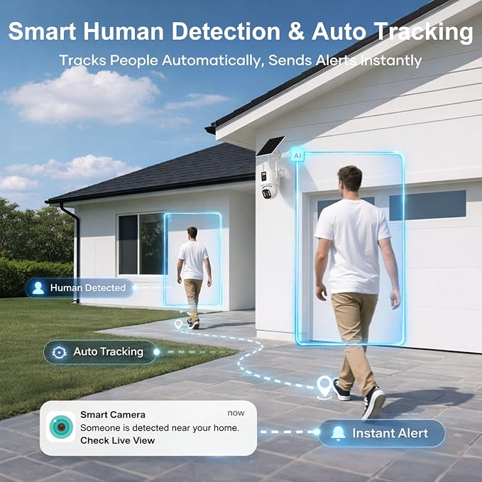 4G LTE Cellular Security Camera: Dual Lens Solar Outdoor Camera No WiFi 24/7 Recording with 32GB SD Card PTZ Night Vision Human Detection for Farm Cabin Construction Site Remote Property